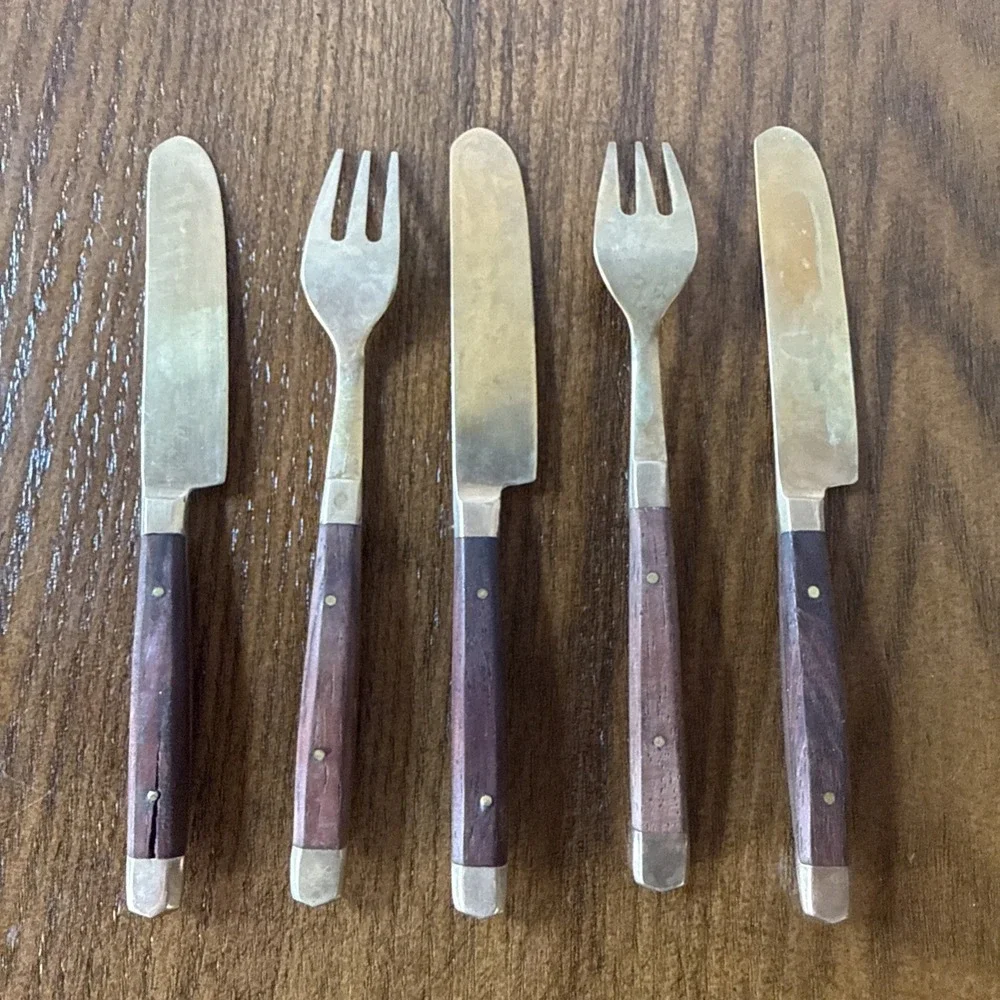 Vintage Wood And Brass Meat & Cheese Fork And Knife Set Charcuterie Board